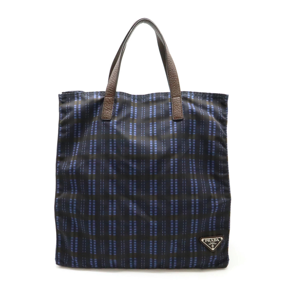 Prada Tote Bag Handbag Vertical Check Leather Navy Blue Black Dark Brown